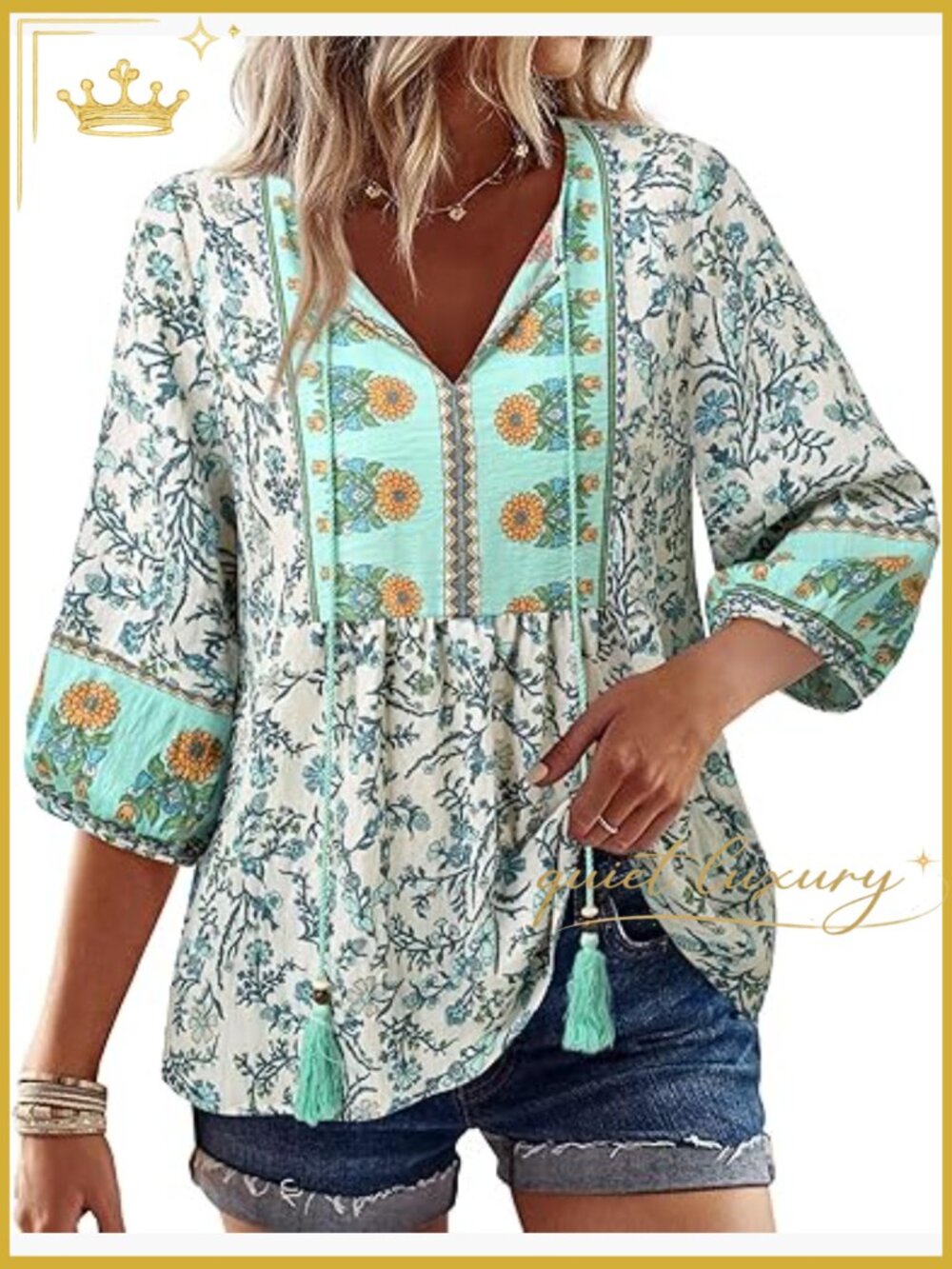 Boho Babydoll Top 3/4 Sleeve Pleated Peplum Blouse V Neck Tie Front Tunic